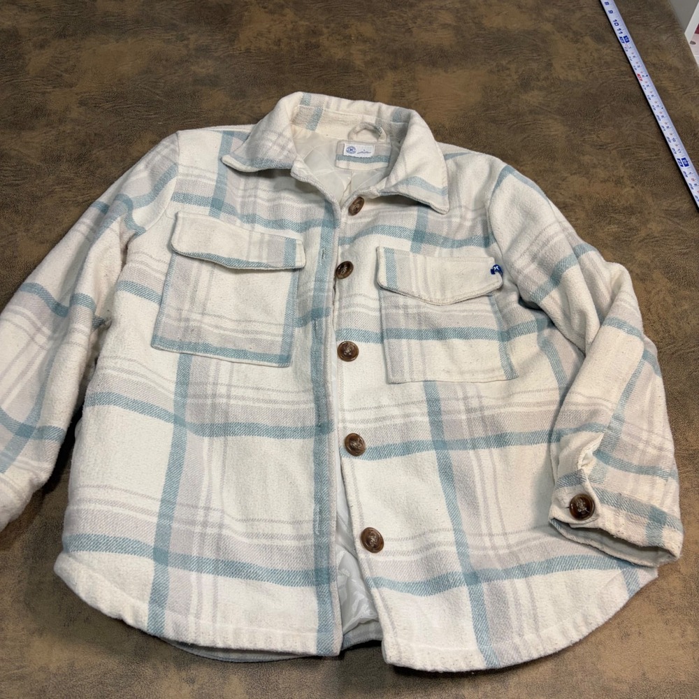 Hurley Plaid Shirt Jacket Womens Large White Blue Quilted Lined Shacket 048GIY